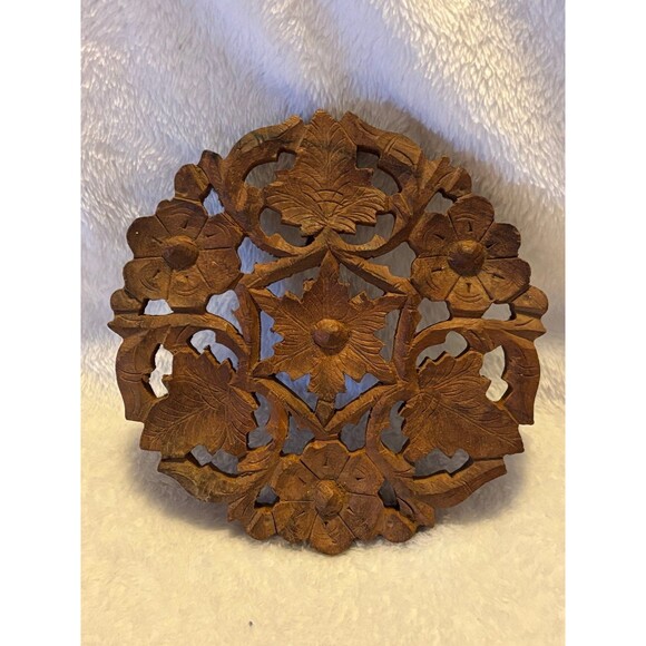 Vintage Sheesham Wood Hand Carved Footed Trivet Floral and Leaf Design - Picture 1 of 4